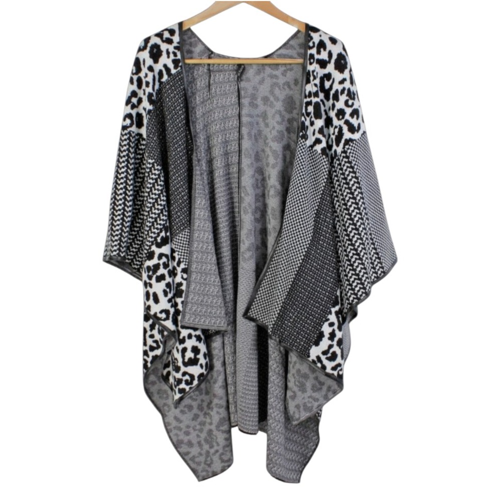 MING WANG Black/White Leopard Checks COZY KNIT RUANA WRAP SWEATER Cardigan OS